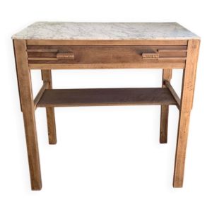 Desserte en bois avec plateau en marbre blanc et gris