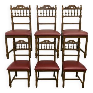 Chaises anciennes en bois sculpté avec assise en skaï bordeaux (Lot de 6)