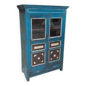 Armoire buffet bleu vaisselier vitre bois vieux teck 2 tiroirs