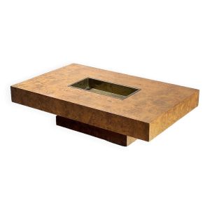 Table basse en bois de loupe avec bar en laiton par Jean Charles pour Maison Charles, 1970