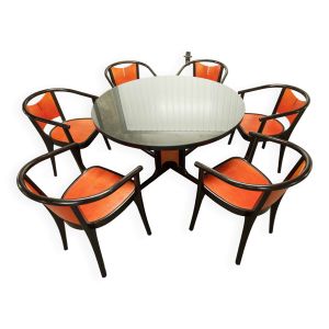 Table et 6 fauteuils Baumann Diese,design Pagnon Pelhaître couleur Wengé et rouge