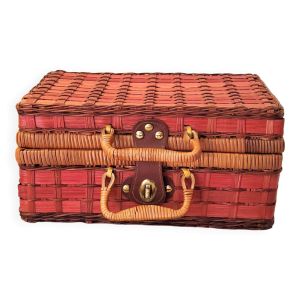 Malette vintage en osier rouge tressé avec boucle en cuir
