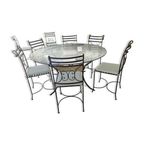 Lot table en verre et 10 chaises en fer forgé