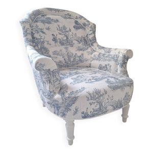 Fauteuil crapaud toile de Jouy bleu