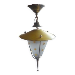 Suspension vintage en tôle peinte jaune, laiton et verre, années 50-60