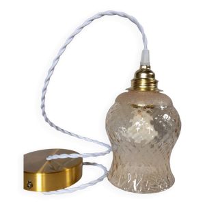 Suspension vintage verre tulipe ambré texturé et granité, cordon torsadé blanc