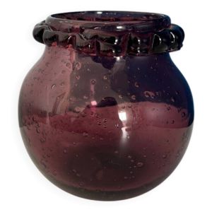 petit vase boule violet en verre bullé vintage signé biot