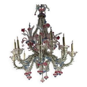Lustre vénitien Rezzonico en verre de Murano incolore, bleu et rouge, vers