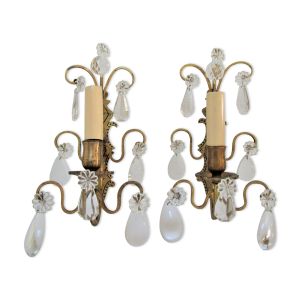 Paire d'appliques bronze doré patiné et pampilles verre début XXème