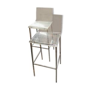 Ensemble de 2 tabourets hauts en plexiglas transparent et pieds chromés