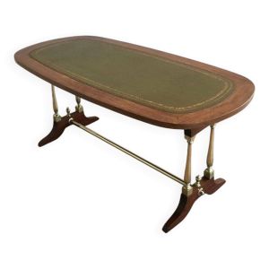 Table basse néoclassique en bois, laiton et cuir