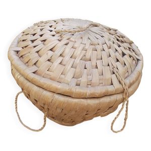 Panier ancien en osier rond avec couvercle