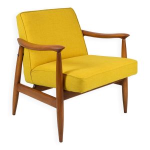 Fauteuil vintage d'origine, années 60, entièrement restauré, tissu jaune, teck