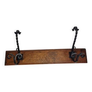 Patère murale en bois massif et fer forgé, style rustique, 59 cm