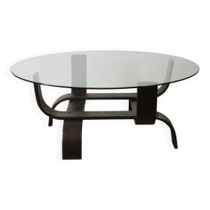 Table basse vintage édition Fubo en bois courbé et verre, 1970