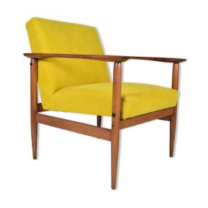 Fauteuil vintage en tissu jaune bois de teck années 1960