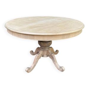 Table à manger ronde extensible pied central art déco rénovée en bois brut