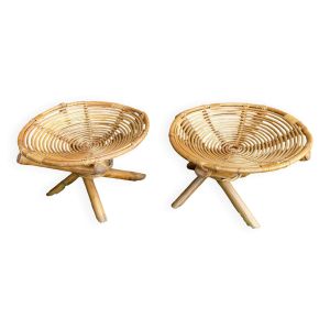 Paire de Tabouret Spirale En Rotin Osier Made In France Vintage #B796