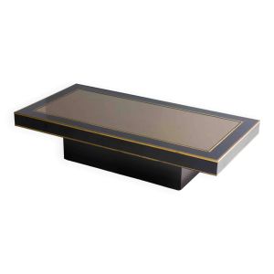 Table basse en bois laminé noir, plateau miroir et laiton, Italie années 1980
