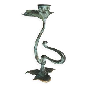 Bougeoir ancien en bronze – Patine vert-de-gris naturelle – Style Art Nouveau