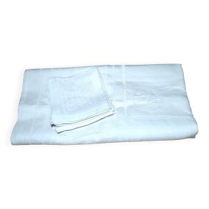 Nappe vintage en coton métis damassé 130x150 décor fleuri monogramme médaillon BV + 10 serviettes *M