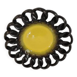 Coupe céramique tressée brun irisé et jaune/ centre de table/Coupe à fruits / Vallauris / Vintage