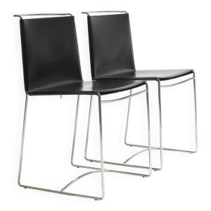 Paire de chaises fil en cuir noir, pascal mourgue, 1990s