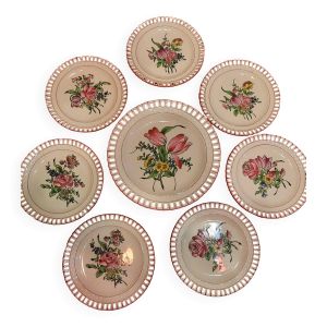 7 assiettes ajourées et le plat à gâteau faïence de Lunéville dite ''semi porcelaine de Luneville''.