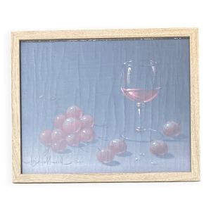 Tableau - Nature morte : Verre de vin et raisins