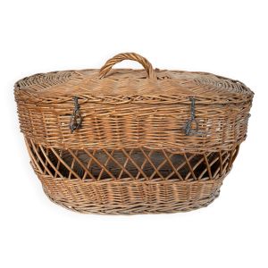 Ancien Panier Avec Couvercle Osier Tressé Malle De Transport Chat Chien