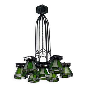Important lustre en fer forgé, Art Deco Gothique, France, Circa 1920