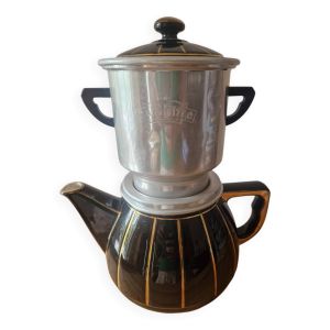 Cafetière vintage porcelaine à feu filtre alu Faience années 60 théière