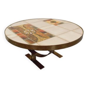 Table basse ronde vintage de Jean Gregorieff pour Roche Bobois des années 60 70 en céramique acier