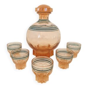 Service à liqueur rose et bleu et ses petits verres