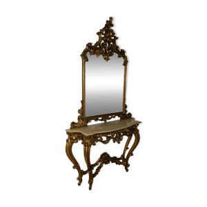 Ensemble miroir avec console bois doré style baroque dessus marbre.