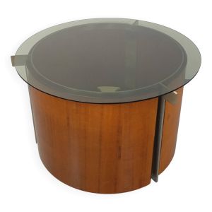 Table basse ronde teck italienne bar pivotant de Eugenio Gerli pour Tecno