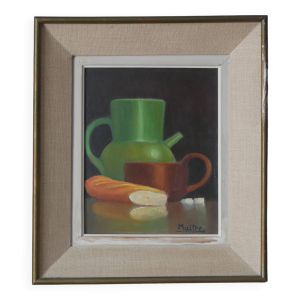Tableau peinture nature morte cadre ancien décoration campagne signé huile panneau de bois déjeuner