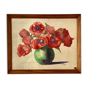 Tableau ancien, nature morte aux coquelicots, années 60