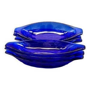 6 coupes à glace vintage Luminarc France en verre bleu cobalt modèle ''Gourmande