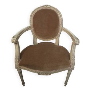 Fauteuil bergère style Louis XVI en bois patiné