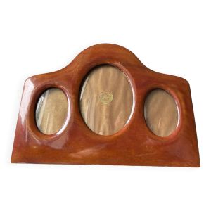 Cadre triple ancien art déco en bois d'acajou 22 x 29 cm verre convexe