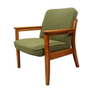 Fauteuil vintage vert en tissu bouclé Scania Design Chaise longue en bois