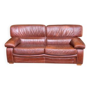 Canapé scandinave 3 places en cuir bordeaux vers 1930