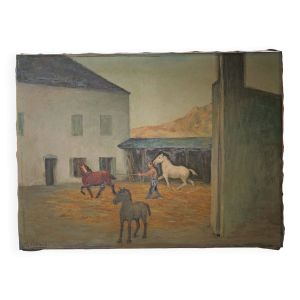 Huile sur toile, dressage de chevaux, signée, circa 1950