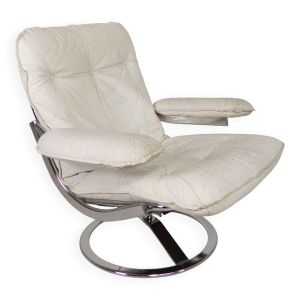 Fauteuil Leolux, fauteuil pivotant avec revêtement en cuir blanc, années 1960