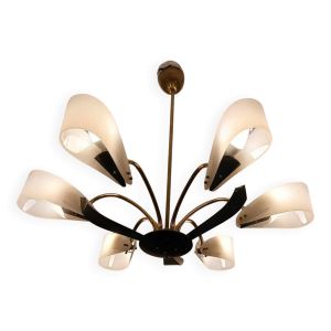 Lustre vintage à 6 bras – Style GéRue / mid-century – laiton et métal noir