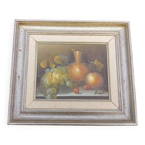 Tableau huile sur toile nature morte aux raisins, signé Burnett