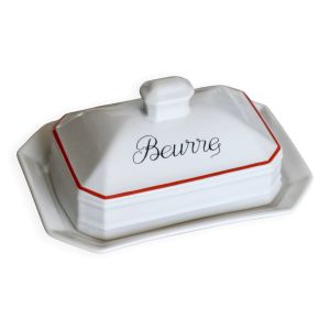 Beurrier vintage porcelaine blanche “Beurre” liseré rouge bistrot