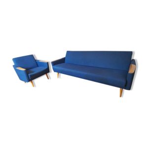 Duo 1 canapé daybed 1 fauteuil club année 50 60 bleu