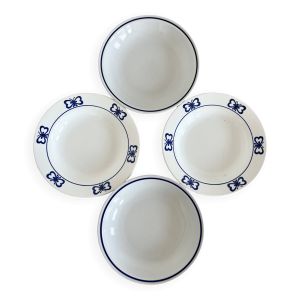 4 assiettes creuses vintage dépareillées porcelaine bleue blanche bistrot papillons